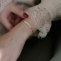 Vòng Tay Mạ Vàng Dây Lá 14K Đính Ngọc Trai Hạt Tròn Đẹp Sang Trọng Thời Trang VTT005
