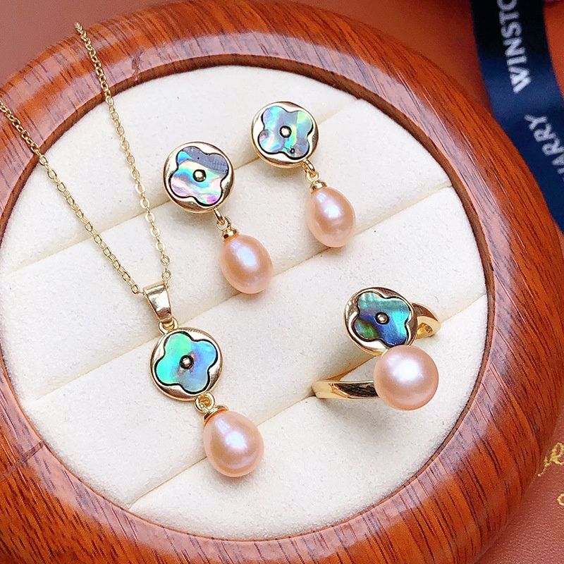 Set Trang sức vòng cổ bông tai nhẫn đính Xà Cừ và Ngọc Trai Tự Nhiên cỏ 4 lá SPS043