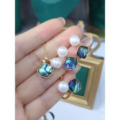 Bộ Set Ngọc Trai Vòng cổ + Nhẫn + Bông Tai Set Khuyên Tai Vỏ Trai Đính Ngọc Trai Tự Nhiên Vỏ Sò SPS065A