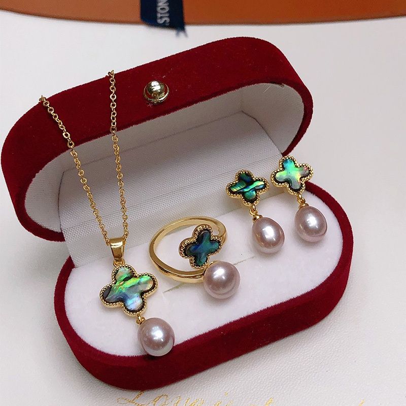 Set Trang sức vòng cổ bông tai nhẫn đính Xà Cừ và Ngọc Trai Tự Nhiên cỏ 4 lá SPS043