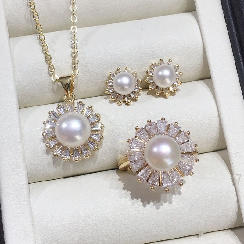 Bộ Set trang sức ngọc trai nước ngọt và đá Thạch Anh tạo hình Hoa Cúc thời trang