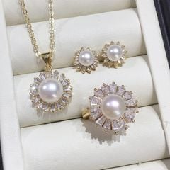 Bộ Set trang sức ngọc trai nước ngọt và đá Thạch Anh tạo hình Hoa Cúc thời trang SPS035