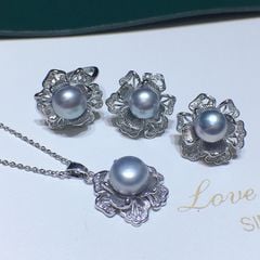 Bộ Vòng cổ, Nhẫn Và Khuyên Tai Ngọc Trai Nuôi Tự Nhiên cao cấp Bộ Trang Sức Ngọc Trai Hình Bông Hoa 8-9mm SPS023