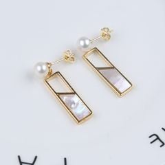 Khuyên Tai Hình Học Cá Tính Xà Cừ Đính Ngọc Trai Tự Nhiên Thời Trang MADAME HIEN PEARLS BTN016