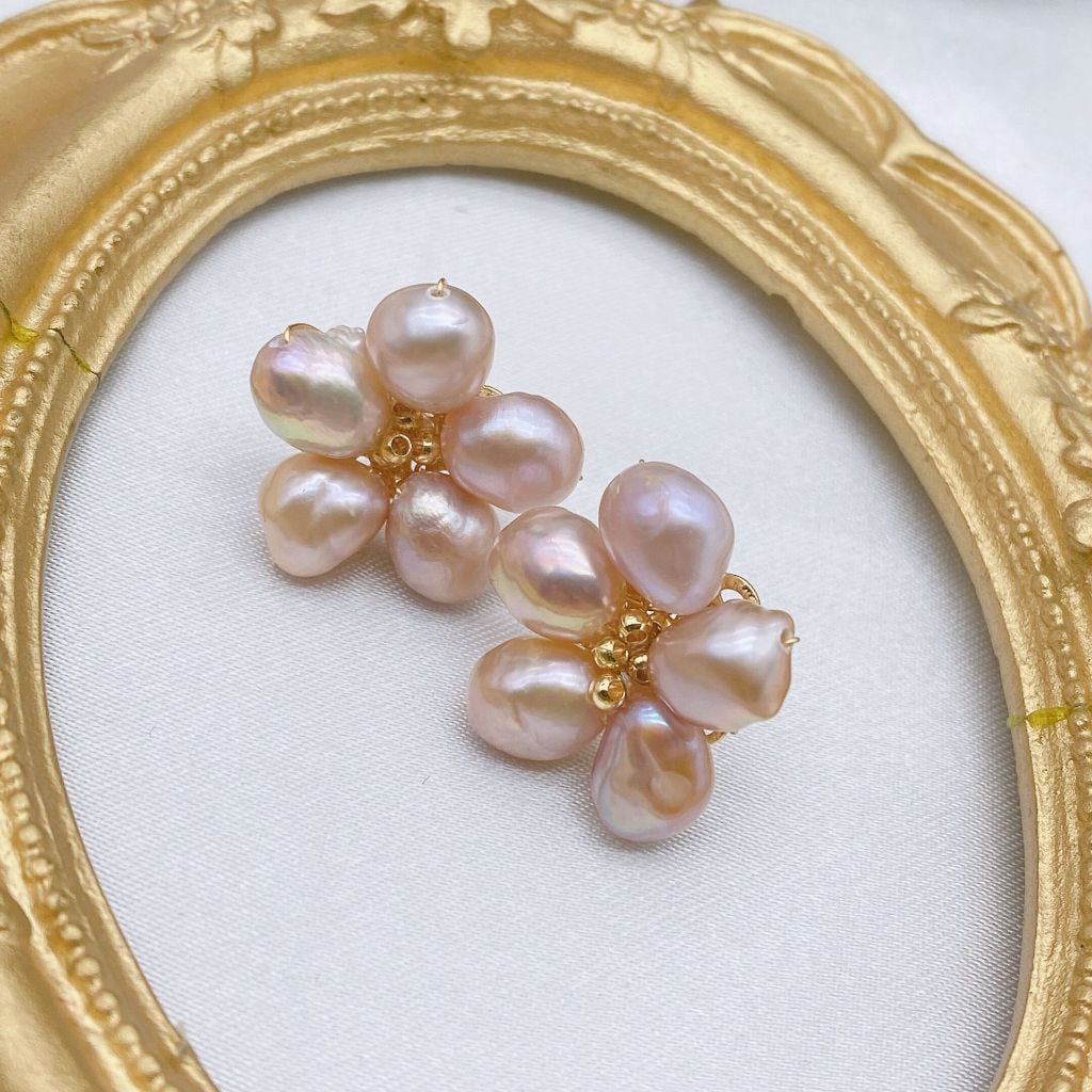 Bông Tai Mạ Bạc 925 Hình Cánh Hoa Mai 5 Cánh MADAME HIEN PEARLS Đính Ngọc Trai Phong Cách Retro BTB007