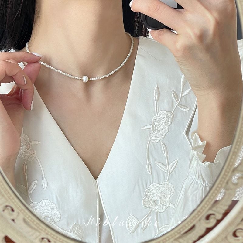 Vòng Cổ Choker Hạt Vỏ Xà Cừ Đính Mặt Dây Chuyền Hạt Ngọc Trai Tròn MADAME HIEN PEARLS Unisex Nam Nữ MT023