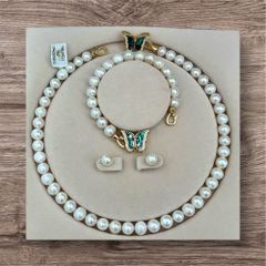 [Kèm kiểm định và Hộp] Bộ Set Ngọc Trai Vòng Cổ, Vòng Tay và Bông Tai Khoá Bướm Xanh Xà Cừ Tự Nhiên MADAME HIEN PEARLS Cho Nữ SCT030