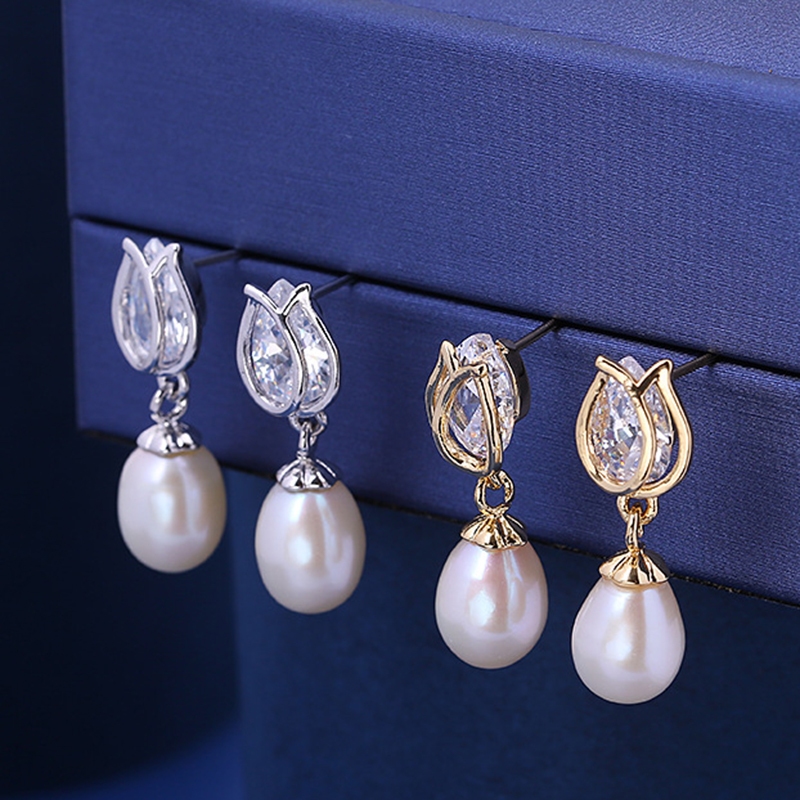 Bông Tai Ngọc Trai Tự Nhiên Kim Bạc Ý s925 Dáng Nụ Tulips Dễ Thương MADAME HIEN PEARLS Cho Nữ BTG051