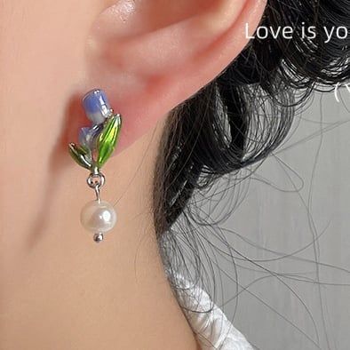 Bông Tai Mạ Bạc 925 Hình Hoa Tulip Tím Đính Ngọc Trai Tự Nhiên Phong Cách Châu Âu BTT023