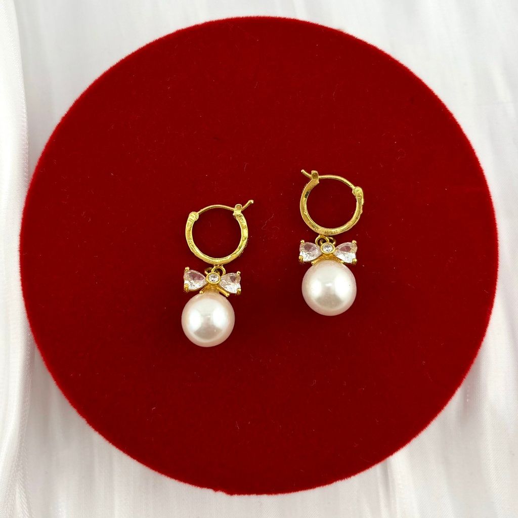 Bông Tai Vàng Thật 10K 4'3 Móc Tròn Tua Rua Nơ Pha Lê Đính 1 Hạt Ngọc Trai 9mm Tròn Cao Cấp MADAME HIEN PEARLS  V10BTT006