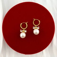 Bông Tai Vàng Thật 10K 4'3 Móc Tròn Tua Rua Nơ Pha Lê Đính 1 Hạt Ngọc Trai 9mm Tròn Cao Cấp MADAME HIEN PEARLS  V10BTT006