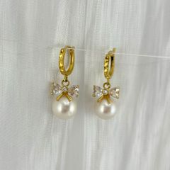 Bông Tai Vàng Thật 10K 4'3 Móc Tròn Tua Rua Nơ Pha Lê Đính 1 Hạt Ngọc Trai 9mm Tròn Cao Cấp MADAME HIEN PEARLS  V10BTT006