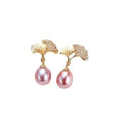 Bông Tai Bạc 925 Lá Bạch Quả Ginkgo Tua Rua Ngọc Trai Tự Nhiên 8-9mm BTG015
