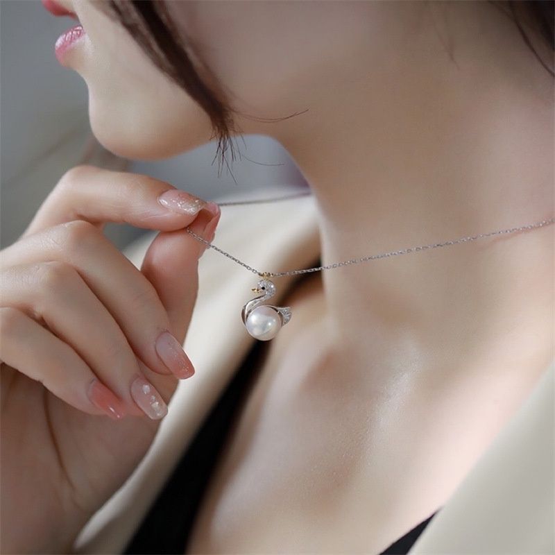 Vòng cổ Bạc 925 Mặt Hình Thiên Nga Ngọt Ngào Dễ Thương Ngọc trai tự nhiên MN011