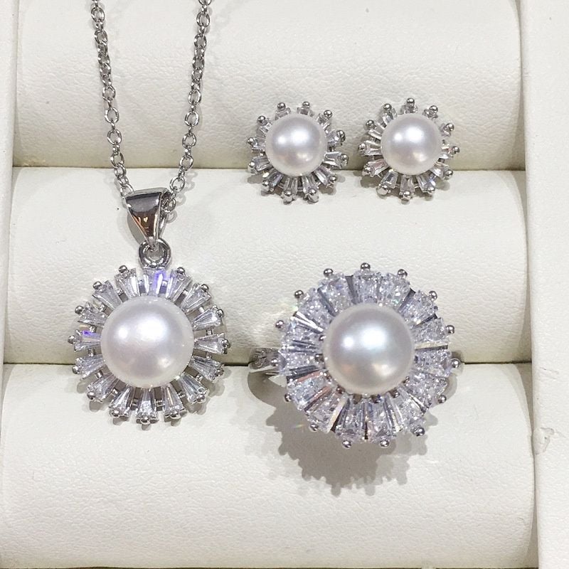 Bộ Set trang sức ngọc trai nước ngọt và đá Thạch Anh tạo hình Hoa Cúc thời trang