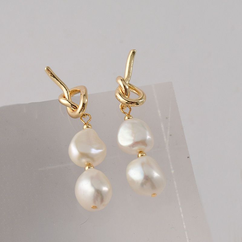 Khuyên Tai 2 Hạt Dáng Dài Thắt Nút Đính Ngọc Trai Tự Nhiên Phong Cách baroque Hoa tai ngọc trai Đơn Giản Cá Tính