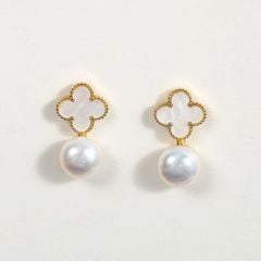 Bông Tai Bạc 925 Hình Cỏ 4 Lá Đính Ngọc Trai Tự Nhiên MADAME HIEN PEARLS BTN033