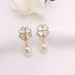 Bông Tai Mạ Bạc 925 Cỏ 4 Lá Đính Tua Rua Ngọc Trai Nuôi Tự Nhiên BTG024