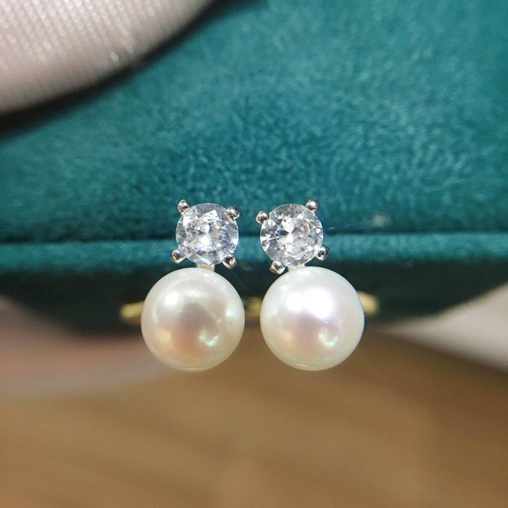 Bông Tai Bạc 925 Mạ Tối Giản Minimalist Đính Đá và Ngọc Trai Tự Nhiên MADAME HIEN PEARLS Thời Trang BTN015