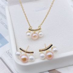 Bộ Vòng cổ Và Bông Tai Ngọc Trai Nuôi Tự Nhiên mặt 3 hạt bán nguyệt SPS036