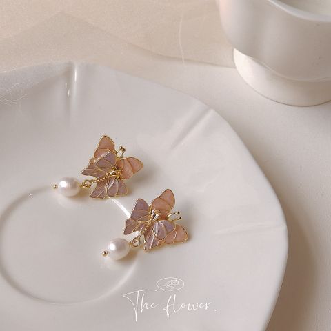 Bông Tai Bướm Hồng Tím Bạc 925  Đính Ngọc Trai Tự Nhiên xinh xắn MADAME HIEN PEARLS BTG012