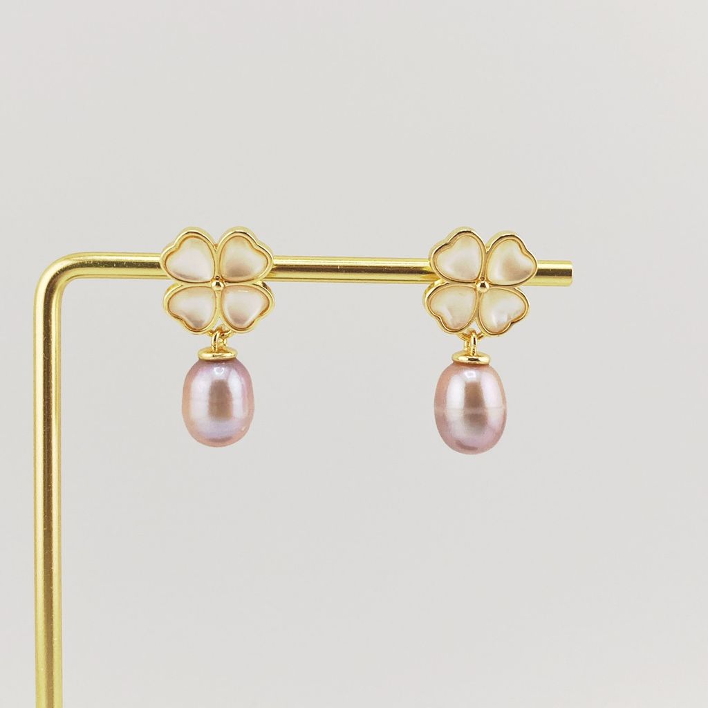 Bông Tai Mạ Bạc 925 Cỏ 4 Lá Đính Tua Rua Ngọc Trai Nuôi Tự Nhiên BTG024