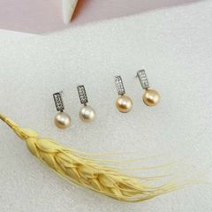 Bông Tai Ngọc Trai Tự Nhiên Mặt Thanh Đơn Giản Đính 10 Hạt Đá Quý MADAME HIEN PEARLS BTN134