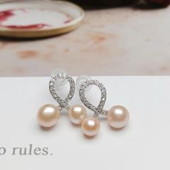 Bông Tai Nơ Lưới Zircon Đính 2 Hạt Ngọc Trai  Tự Nhiên Đan Chéo Xinh Xắn BTN006