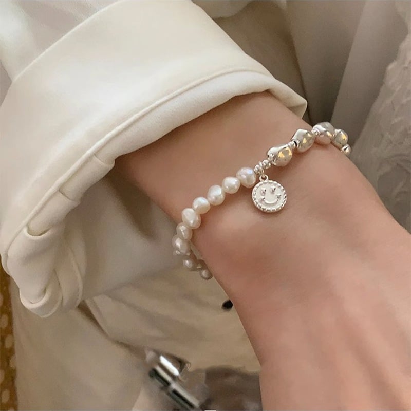 Vòng Tay Ngọc Trai Tự Nhiên Baroque Mặt Cười Phối Cham Bạc Cá Tính MADAME HIEN PEARLS VTB054