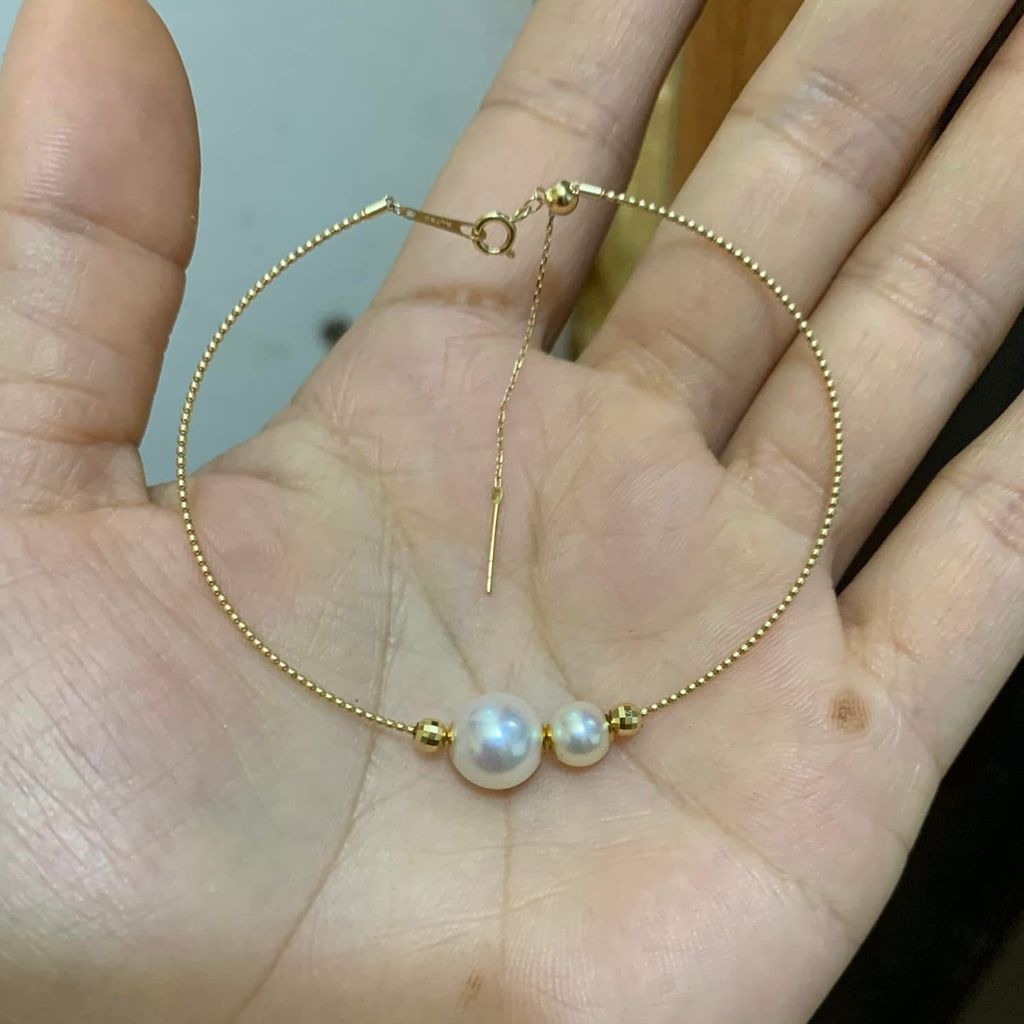 Vòng Tay Dạng Kiềng Bạc Ý s925 Dây Siêu Mịn Mặt Hạt Ngọc Trai Tròn Xuyên Tâm MADAME HIEN PEARLS VTT086