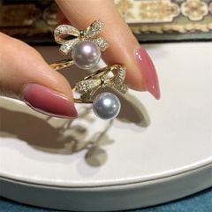 Nhẫn Hở Mạ Hình Nơ Đính Ngọc Trai Tự Nhiên MADAME HIEN PEARLS Freesize NN051