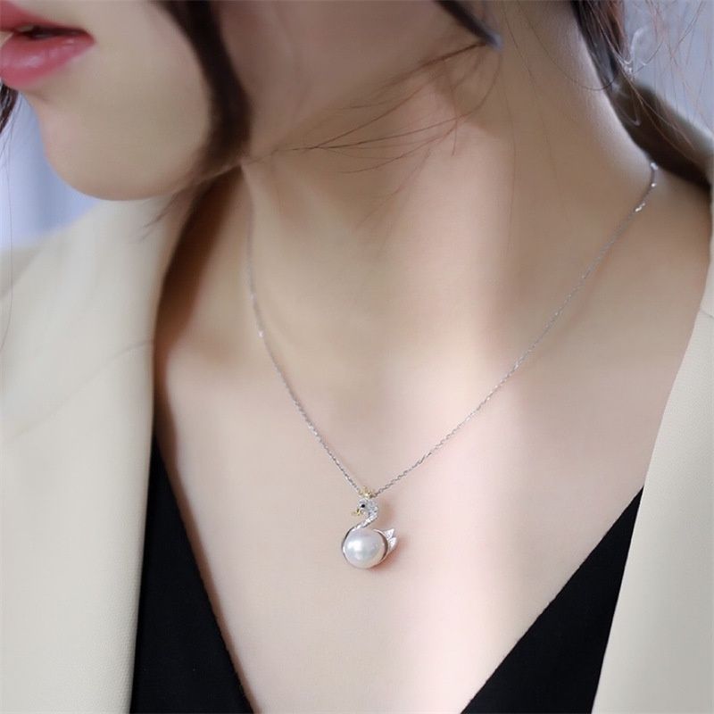 Vòng cổ Bạc 925 Mặt Hình Thiên Nga Ngọt Ngào Dễ Thương Ngọc trai tự nhiên MN011