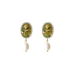 Bông Tai Kim Bạc s925 Đính Ngọc Trai Tự Nhiên MADAME HIEN PEARLS Mặt Cham Xanh Cốm phong cách Châu Âu ấn tượng BTG014