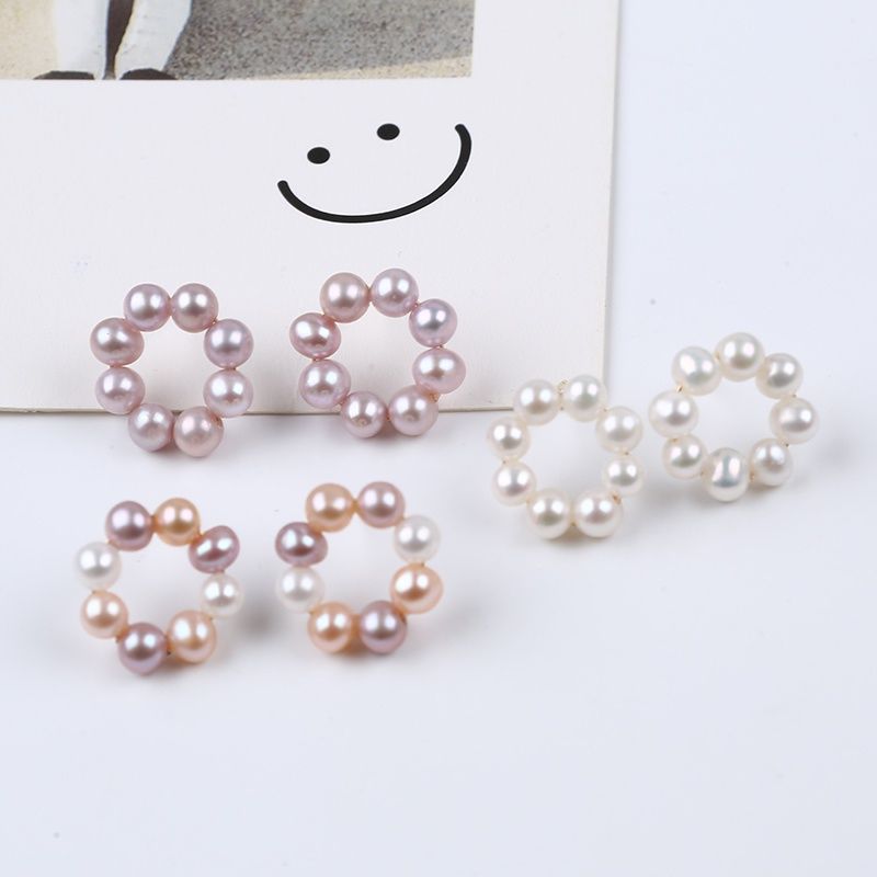 Bông Tai Bạc 925 Đính Tua Rua Vòng Tròn Ngọc Trai Tự Nhiên 8 Hạt Tròn Nhỏ MADAME HIEN PEARLS Cho Nữ BTT020M
