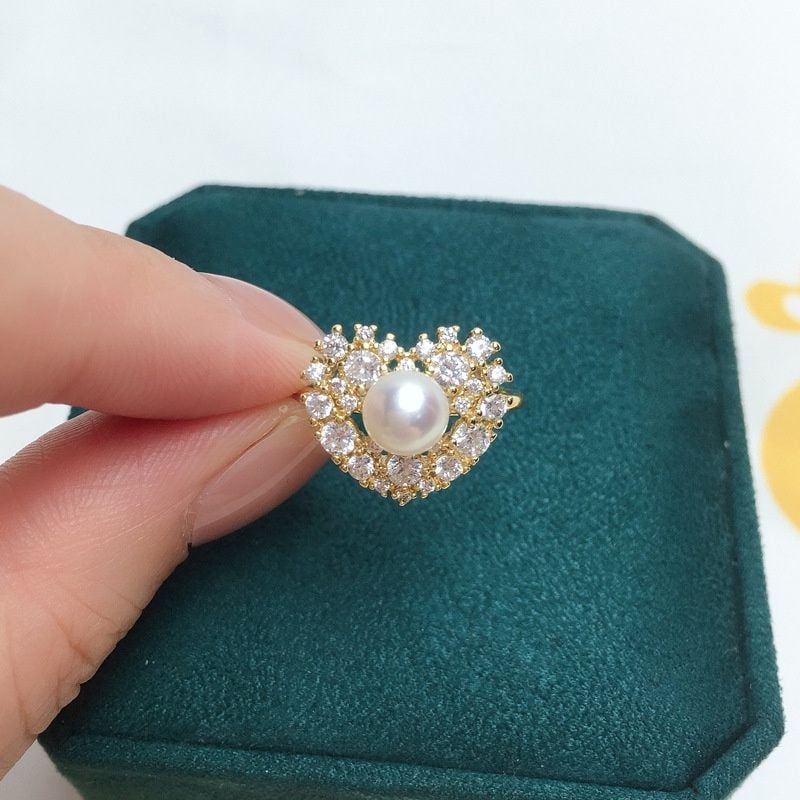 Nhẫn Mặt Tim Đá Quý Hở Vàng 18K Mạ Đính Ngọc Trai Tự Nhiên MADAME HIEN PEARLS Freesize