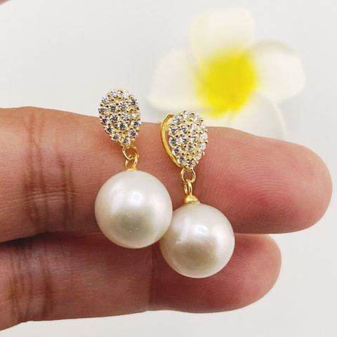 Bông Tai Bạc s925 Mạ Vàng Thật 18K Đính Ngọc Trai 11-12mm Hạt Tròn Đẹp Grade AAA MADAME HIEN PEARLS