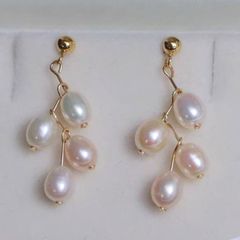 Bông Tai MADAME HIEN PEARLS Bạc 925 Mạ Đính Ngọc Trai Tua Rua Hình Hạt Gạo BTG019