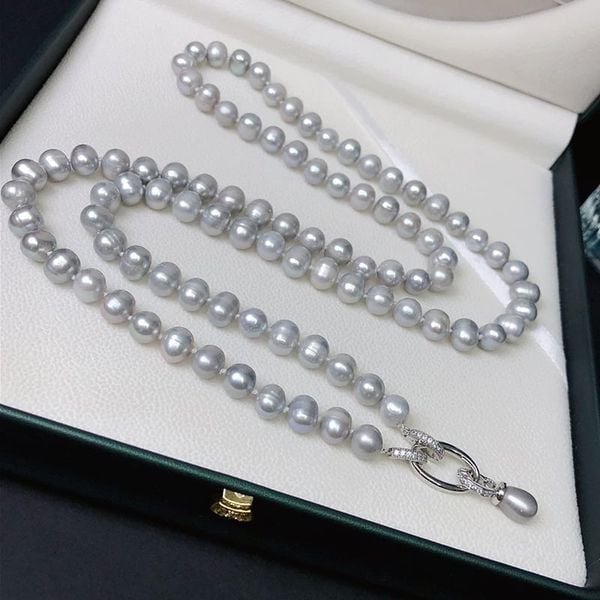 Vòng Cổ Dài Ngọc Trai Tự Nhiên Khoá Mặt Giọt Nước Màu Xám Kim Loại MADAME HIEN PEARLS Cho Nữ CT046