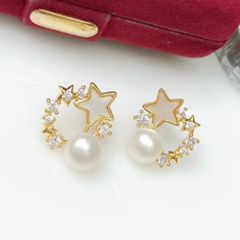 Bông Tai Ngọc Trai Tự Nhiên Mặt Chùm Ngôi Sao Tròn Phối Đá Zircon Đáng Yêu MADAME HIEN PEARLS Cho Nữ BTN279