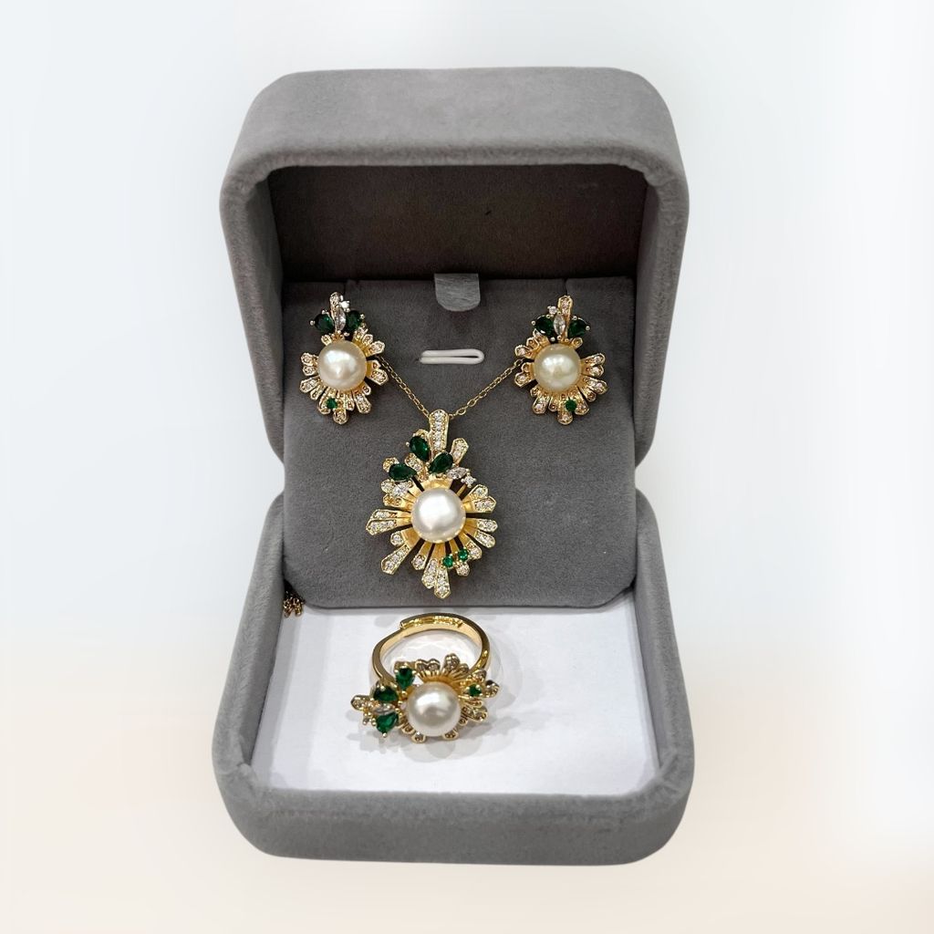 Bộ Set Trang Sức Ngọc Trai Vòng cổ, Nhẫn và Bông Tai Ngọc Trai Tự Nhiên Kim Bạc s925 Dáng Hoa Tuyết Pháo Hoa MADAME HIEN PEARLS Cho Nữ SPS117