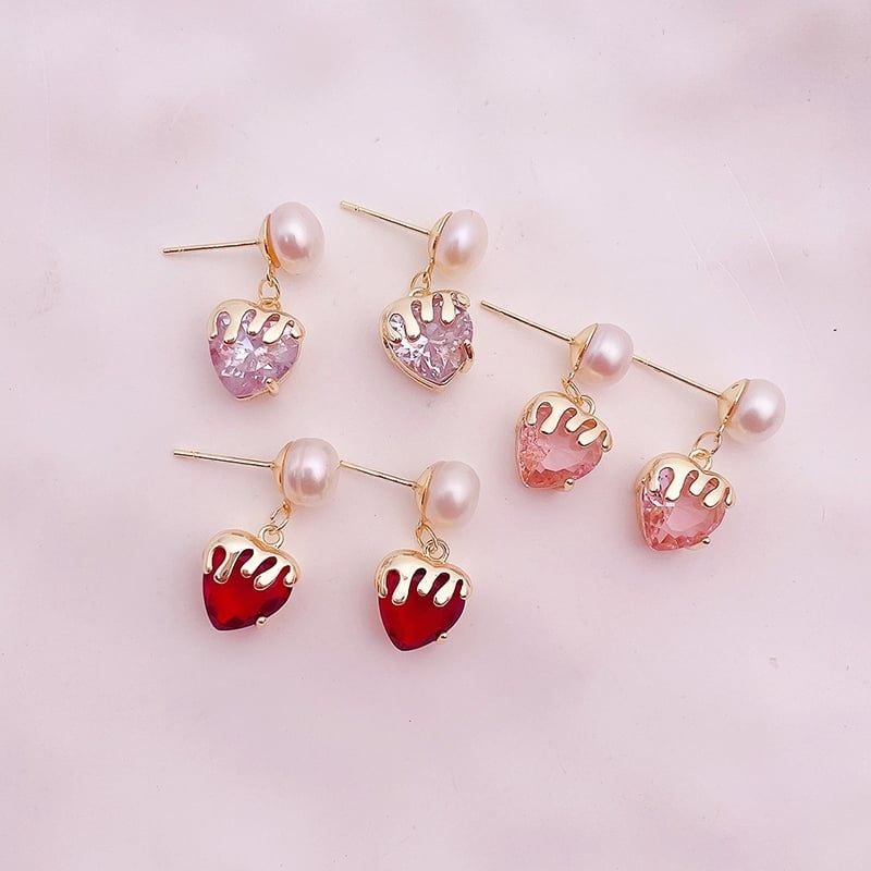 Bông Tai Ngọc Trai Trái Tim Đính Đá Zircon Huyết Ngọt Ngào Đáng Yêu MADAME HIEN PEARLS BTN174HUYET