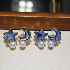 Bông Tai Ngọc Trai Tự Nhiên Vỏ Xà Cừ Mặt Trăng Sao Đính Đá Zircon MADAME HIEN PEARLS BTN178
