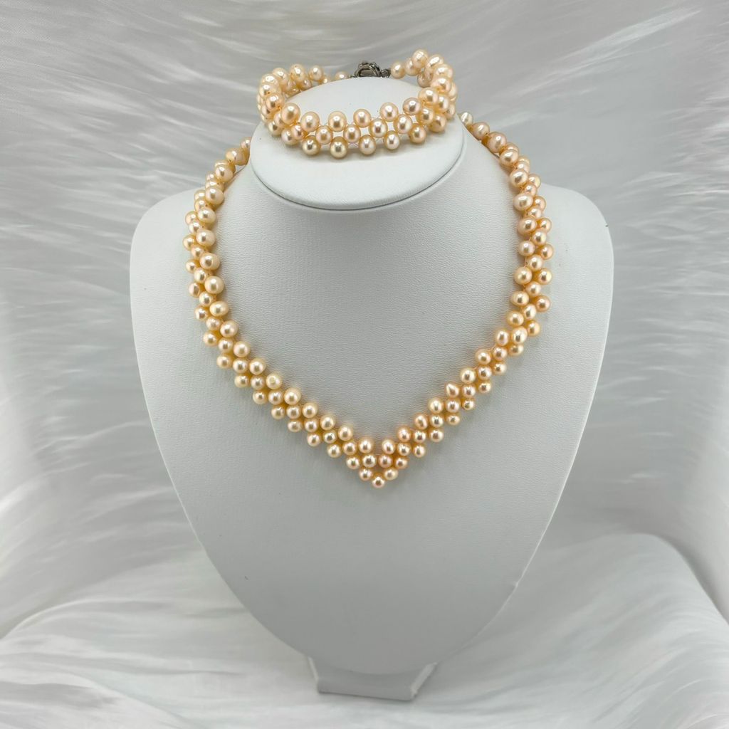 Set Bộ Trang Sức Ngọc Trai Bện 3 Lớp Gồm Vòng cổ Choker + Vòng Tay MADAME HIEN PEARLS SCT007