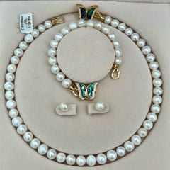 [Kèm kiểm định và Hộp] Bộ Set Ngọc Trai Vòng Cổ, Vòng Tay và Bông Tai Khoá Bướm Xanh Xà Cừ Tự Nhiên MADAME HIEN PEARLS Cho Nữ SCT030