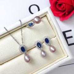 Bộ Set Ngọc Trai Vòng cổ + Nhẫn + Bông Tai Bộ Trang Sức Ngọc Trai Tự Nhiên Phối Đá Sapphire Xanh Hoàng Gia Thời Trang MADAME HIEN PEARLS SPS077