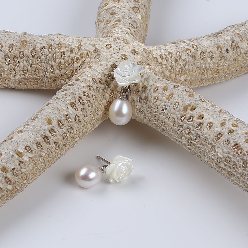 Bông Tai Ngọc Trai Tự Nhiên kiểu Hoa Hồng chế tác từ vỏ Sò Thời Trang Cho Nữ BTG018