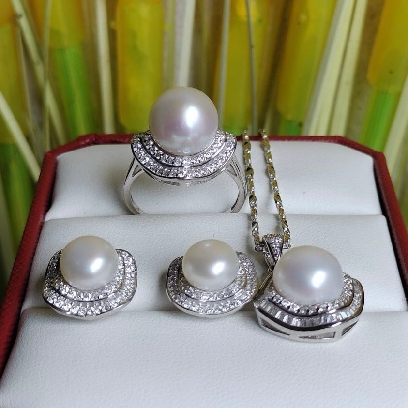 Bộ Set Ngọc Trai Bạc Ý 925 Mạ Vàng Trắng Đính Hạt Trai Lớn 11-12mm SPS028
