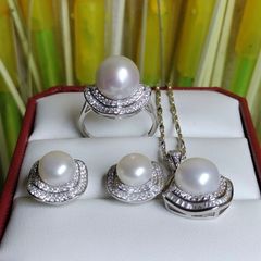 Bộ Set Ngọc Trai Bạc Ý 925 Mạ Vàng Trắng Đính Hạt Trai Lớn 11-12mm SPS028