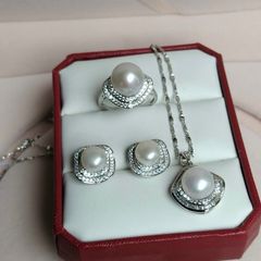 Bộ Set Ngọc Trai Bạc Ý 925 Mạ Vàng Trắng Đính Hạt Trai Lớn 11-12mm SPS028
