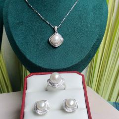 Bộ Set Ngọc Trai Bạc Ý 925 Mạ Vàng Trắng Đính Hạt Trai Lớn 11-12mm SPS028